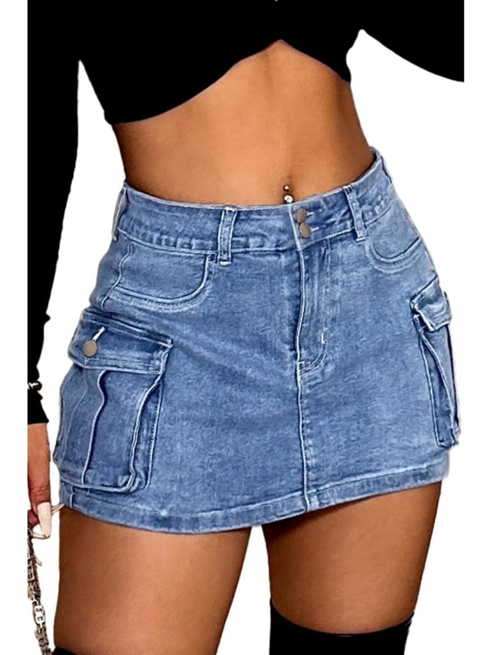 High-Waisted Y2K Denim Cargo Skort | Women's Stretch Jean Skirt, Versatile